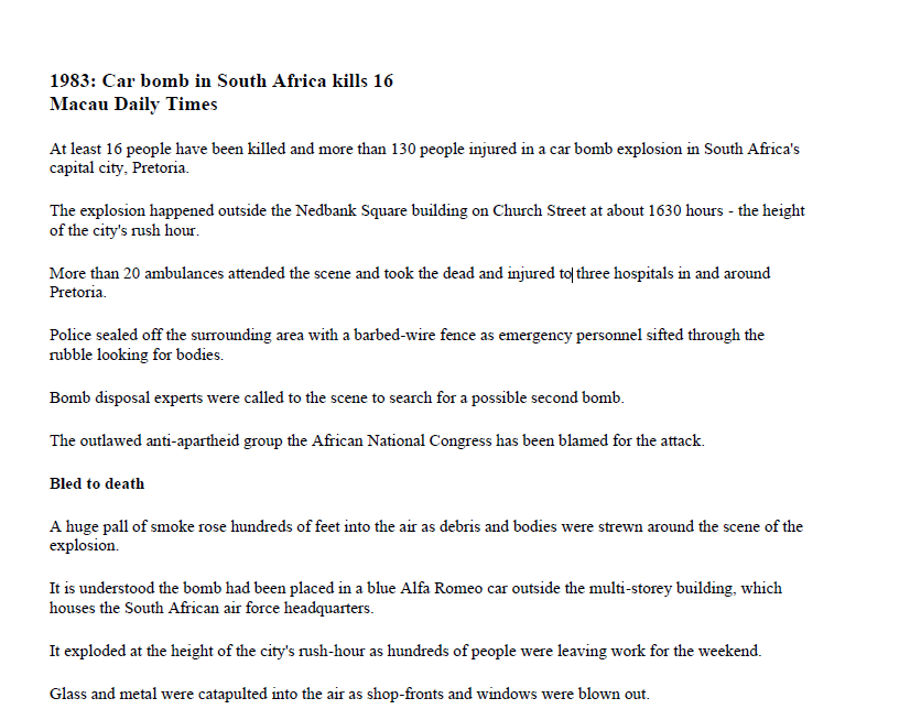 SA Air Force operation, 20 May 1983, Car bomb in South Africa kills 16, Macau Daily Times, undated